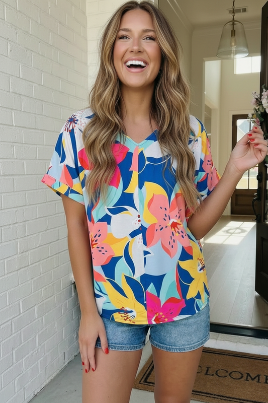 Navy & Yellow Tropical Floral V Neck Top (Open Pack)