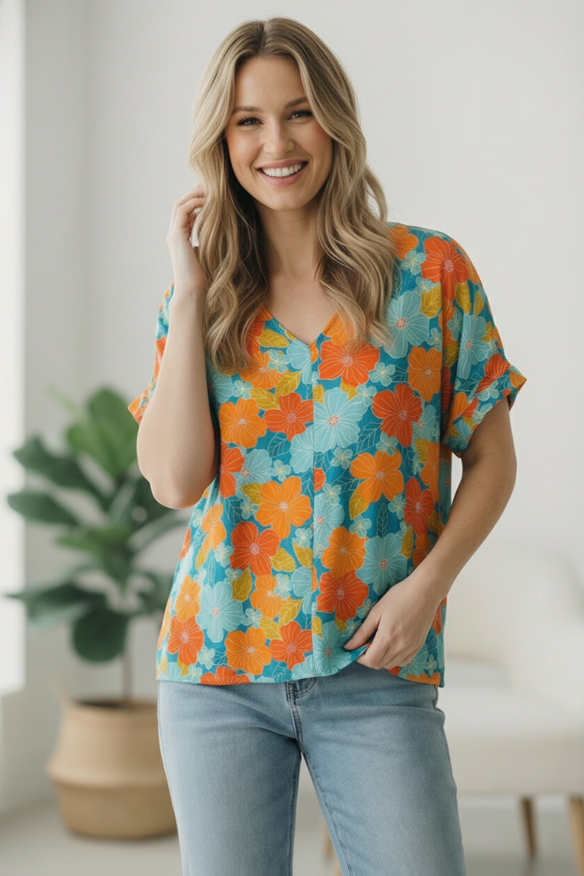 Blue Woven Floral Blouse