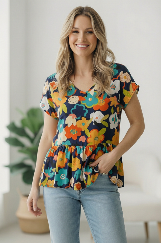 Navy Floral Peplum Top