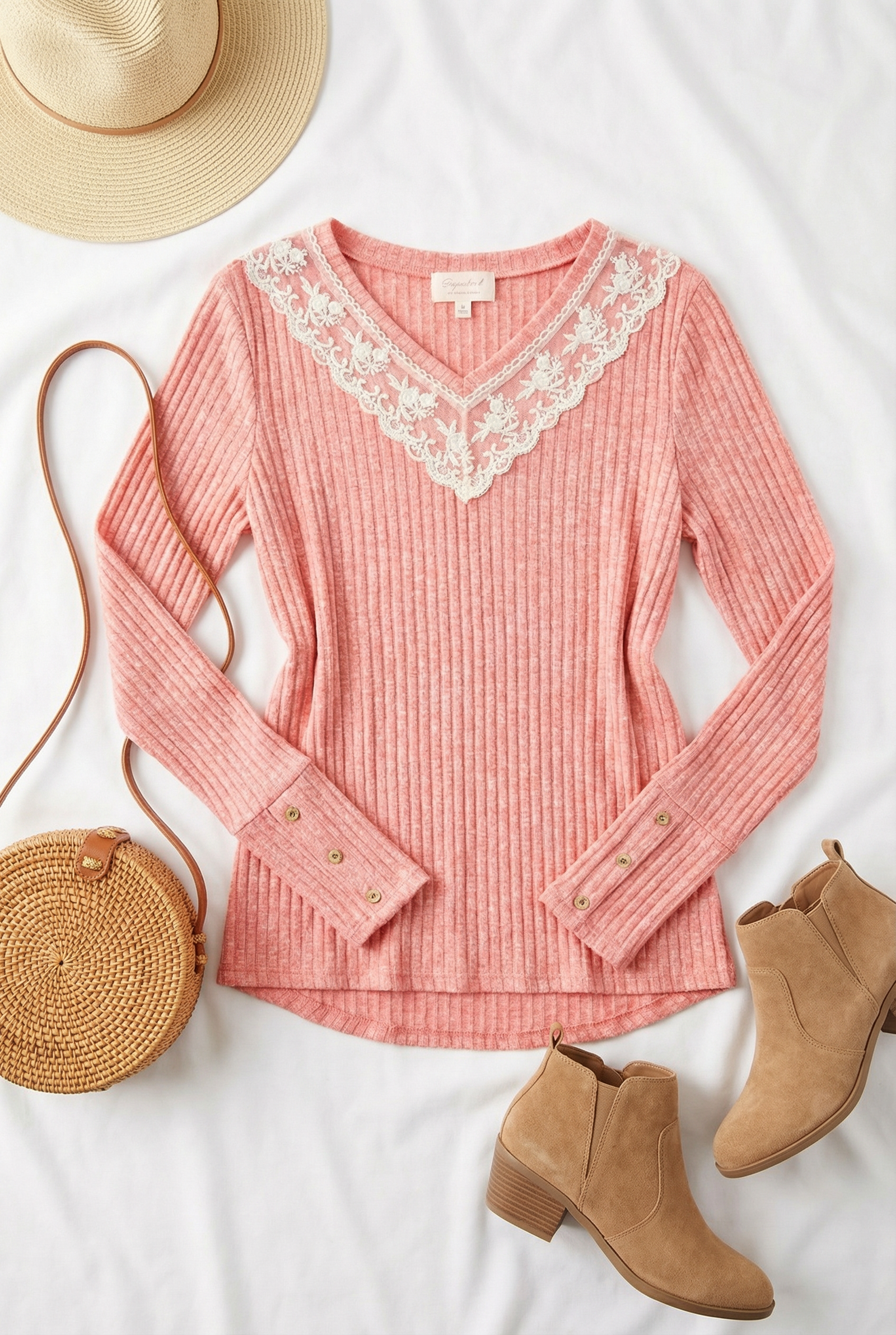 Coral Ribbed Lace Top