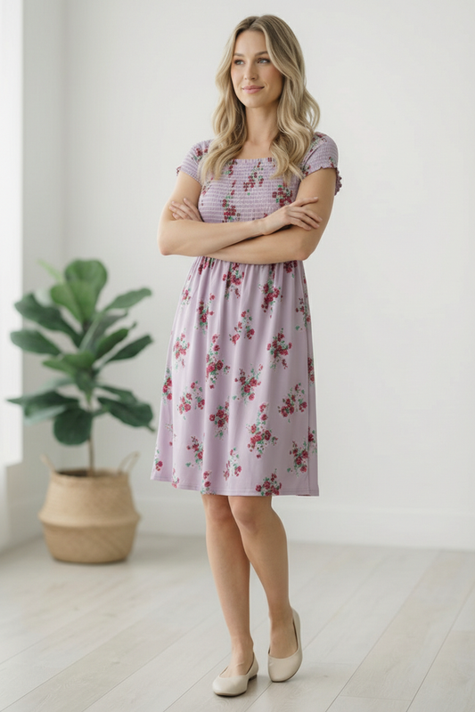 Lilac Smocked Panel Floral Dress