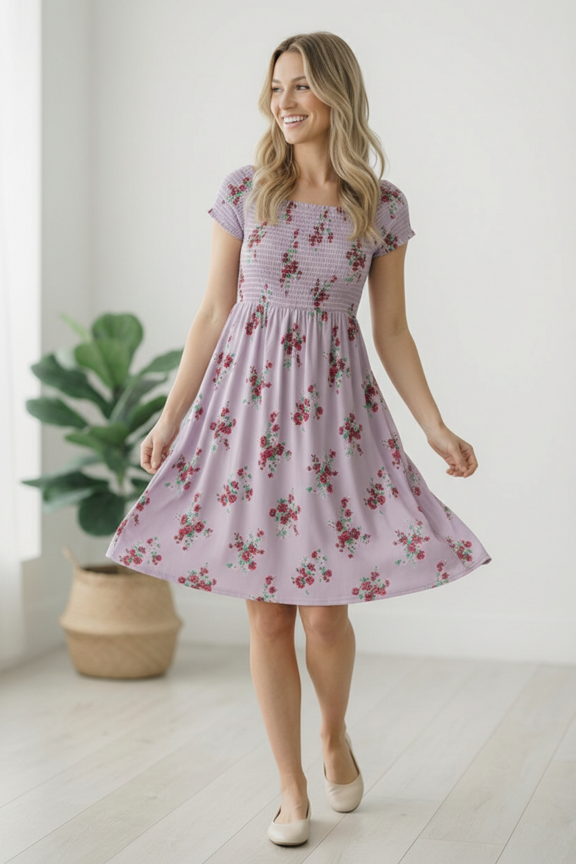Lilac Smocked Panel Floral Dress