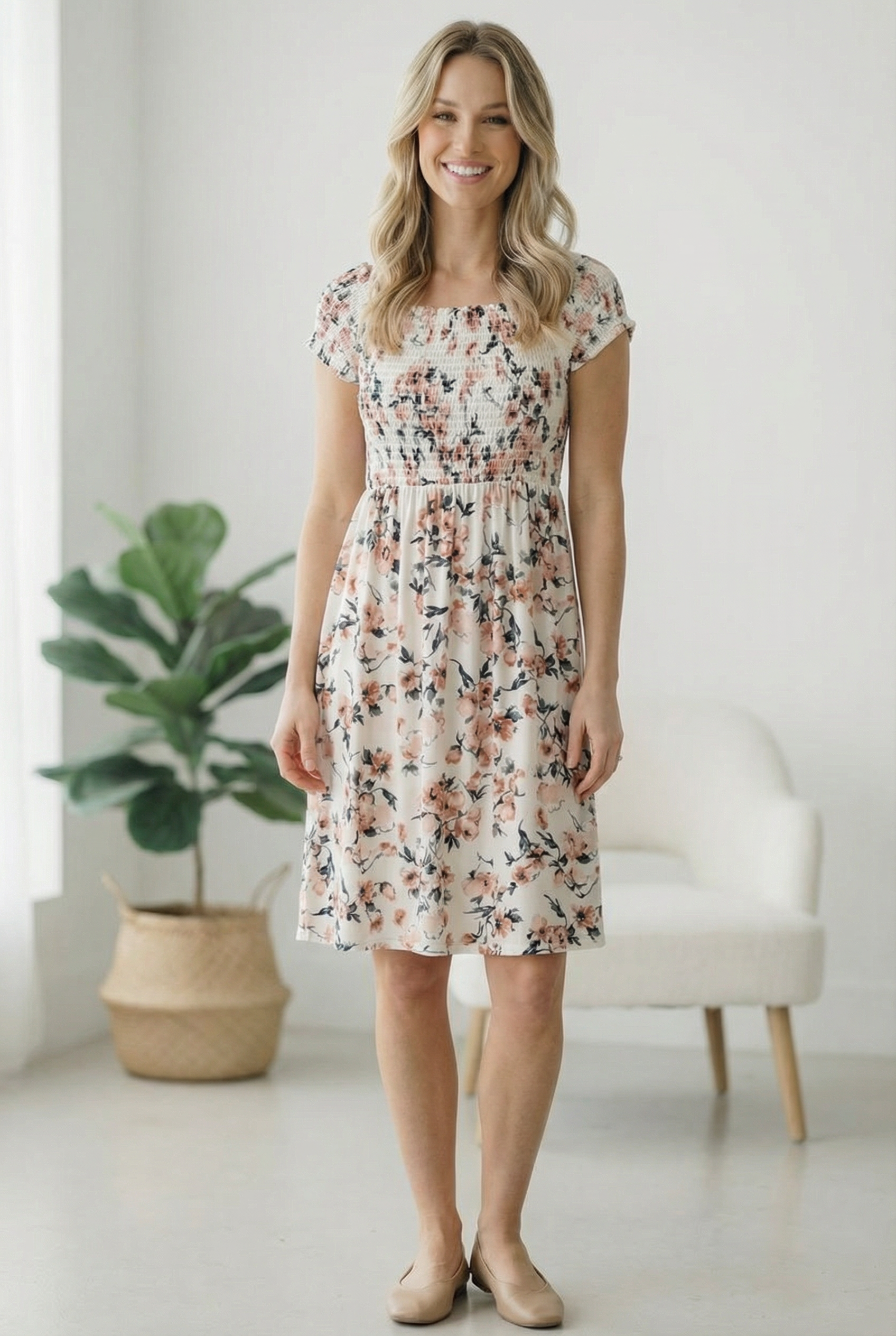 Ivory Smocked Panel Floral Dress