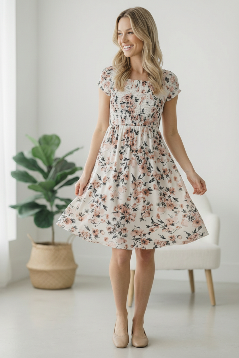 Ivory Smocked Panel Floral Dress