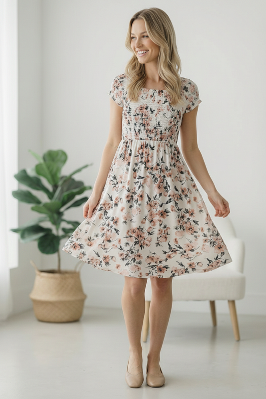 Ivory Smocked Panel Floral Dress