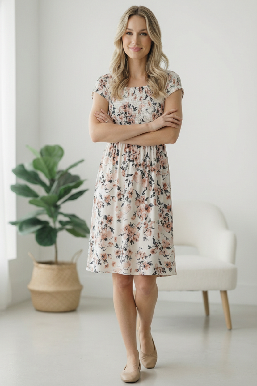 Ivory Smocked Panel Floral Dress