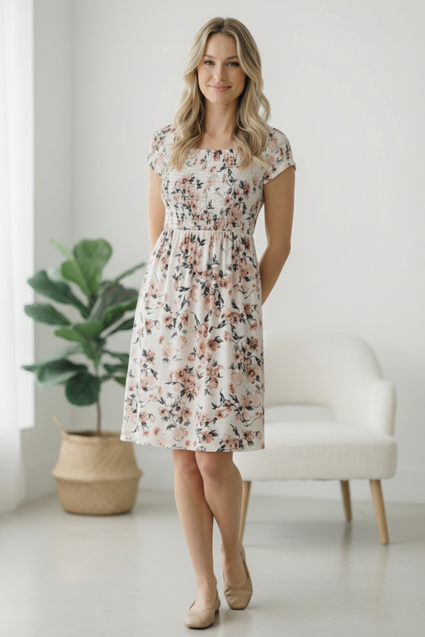 Ivory Smocked Panel Floral Dress