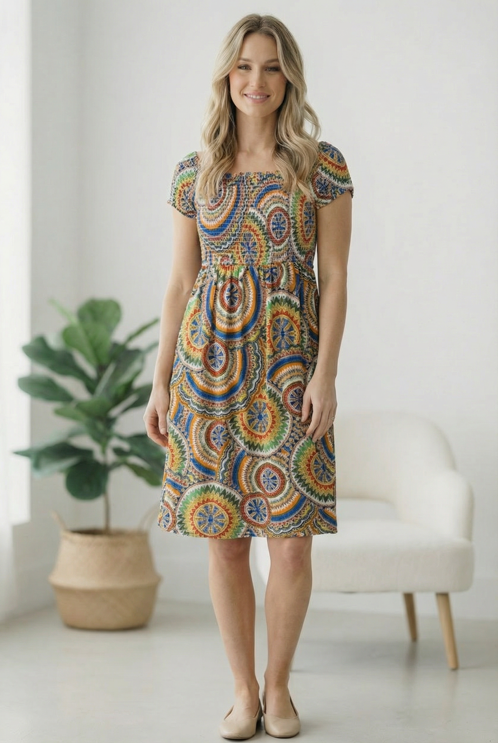 Multi Geo Smocked Panel Floral Dress
