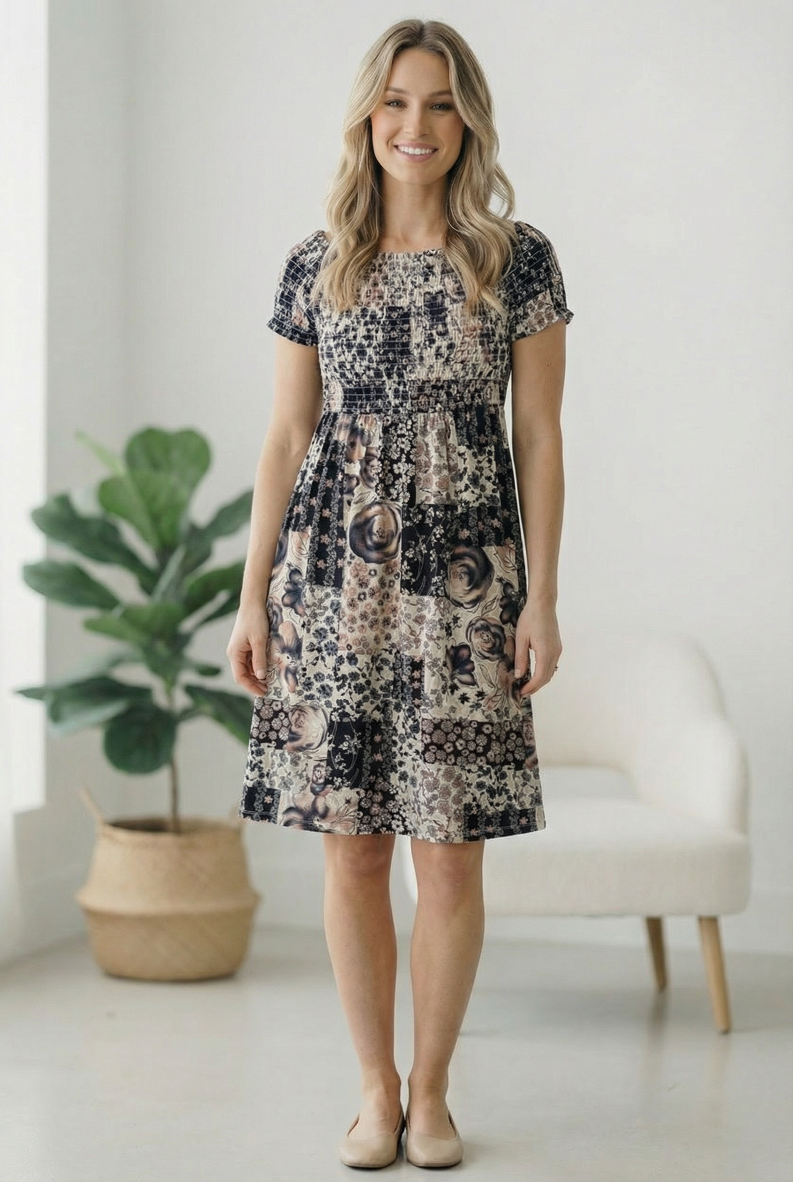 Floral Patchwork Smocked Panel Floral Dress