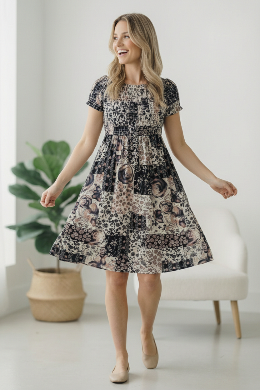 Floral Patchwork Smocked Panel Floral Dress