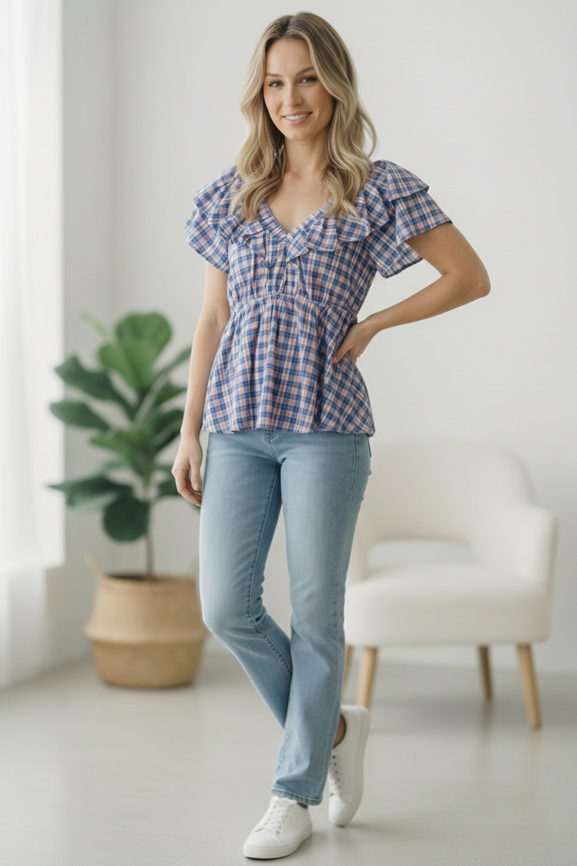 Blue Cotton Plaid Flutter Top