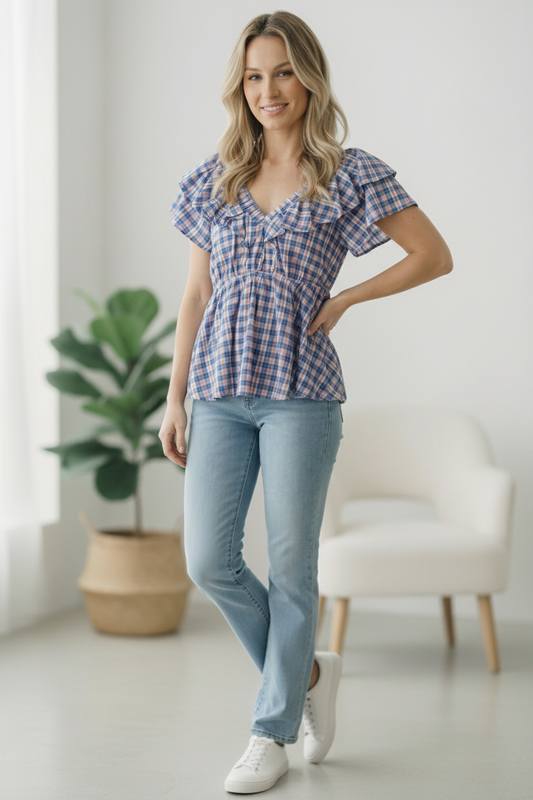 Blue Cotton Plaid Flutter Top