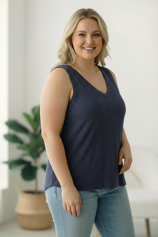 Plus Navy Wavy Ribbed Top