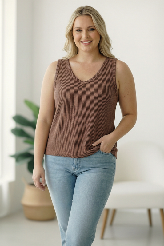 Plus Mocha Wavy Ribbed Top