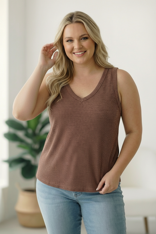 Plus Mocha Wavy Ribbed Top