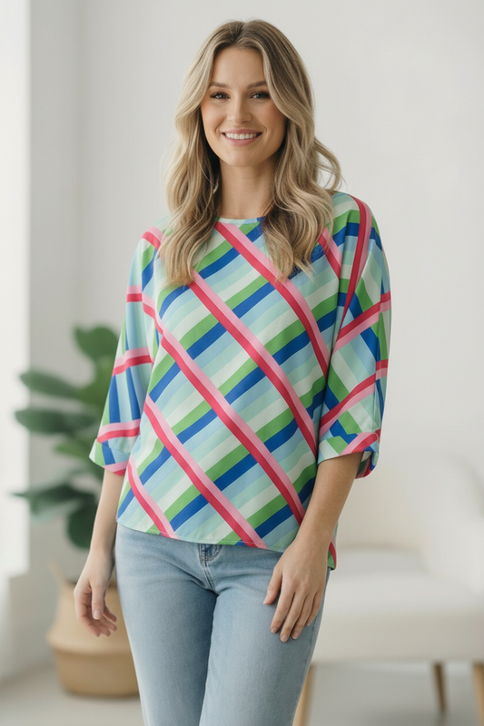 Stripe Checkered Design Woven Top