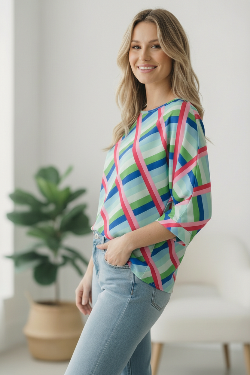 Stripe Checkered Design Woven Top