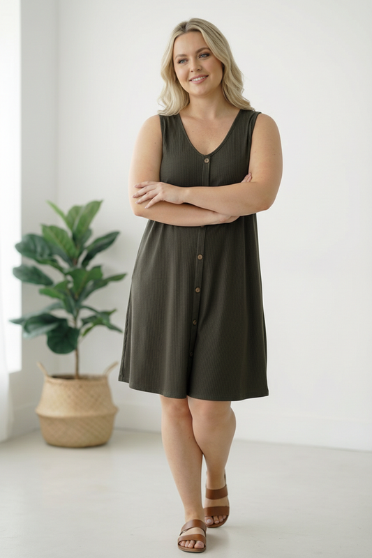 Plus Black Button Ribbed Dress