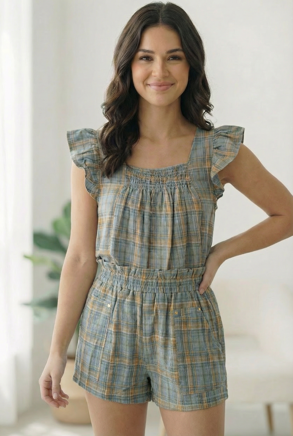 Blue Plaid Design Flutter Top