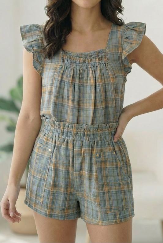 Blue Plaid Design Flutter Pocketed Shorts
