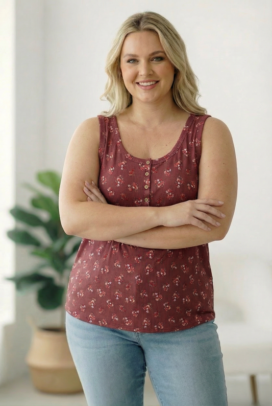 Plus Mauve Floral Button Top