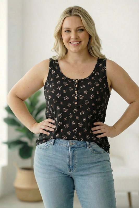 Plus Black Floral Button Top