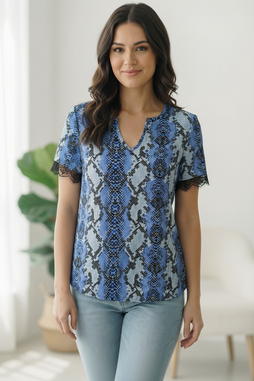 Blue Snake Print Lace Sleeve Hem Top