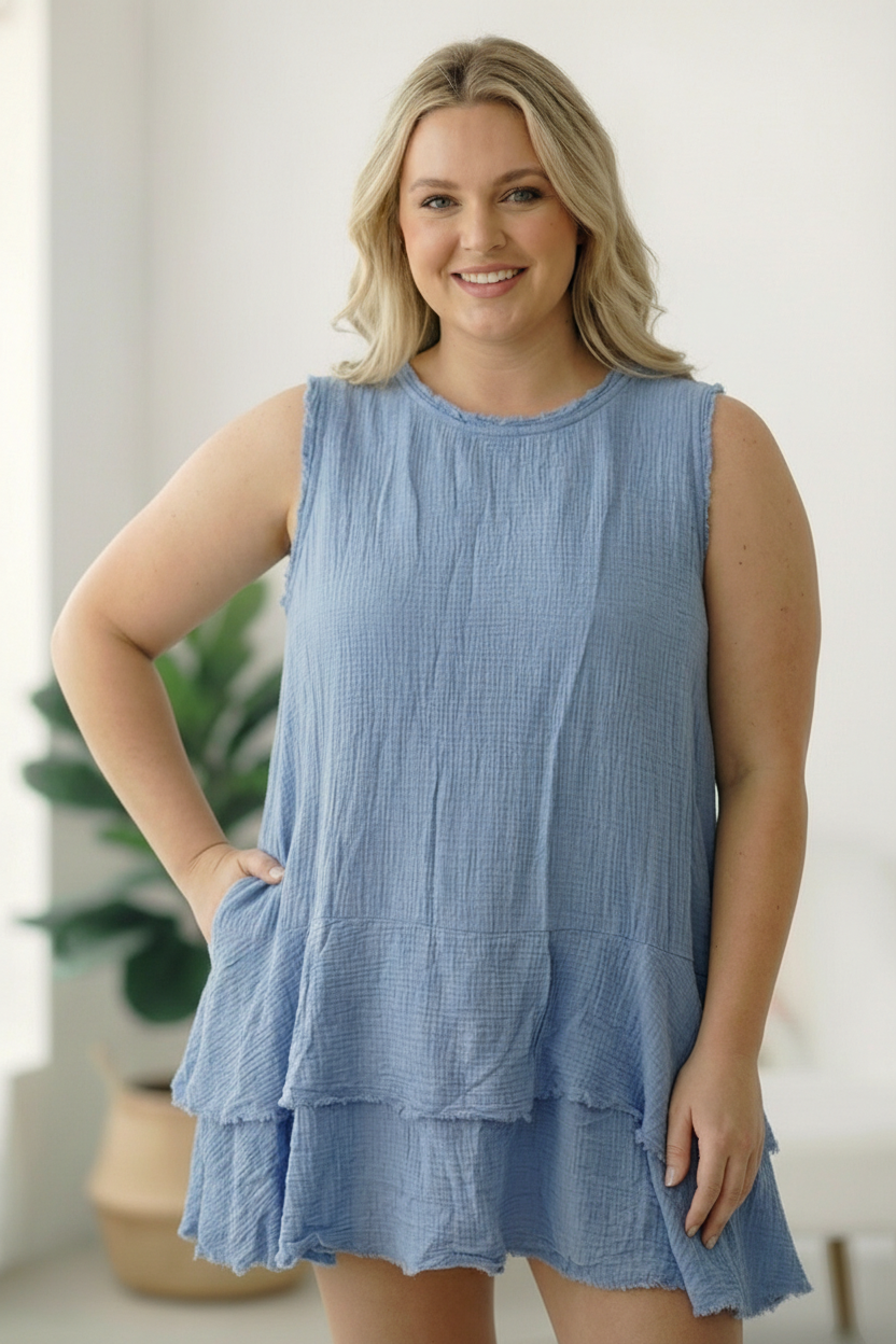 Plus Blue Crinkled Cotton Dress