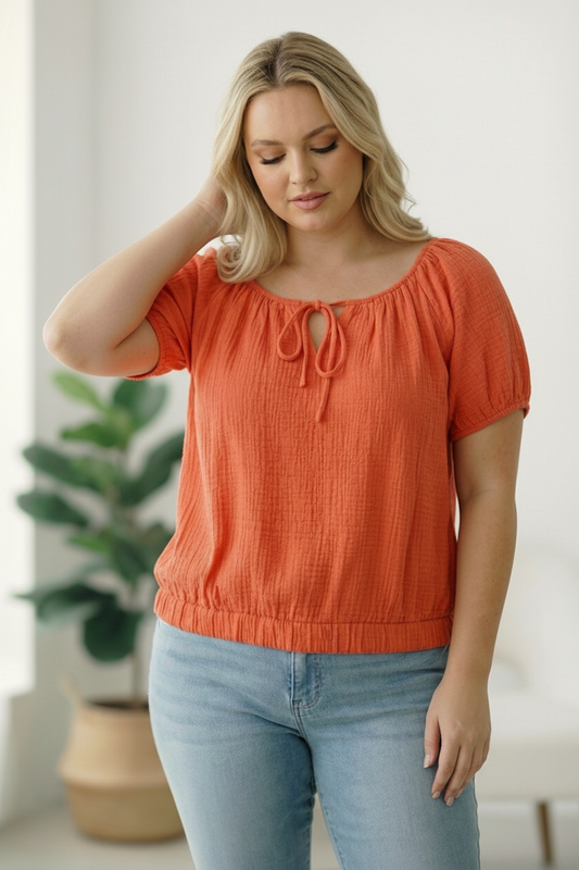 Plus Coral Crinkled Cotton Top