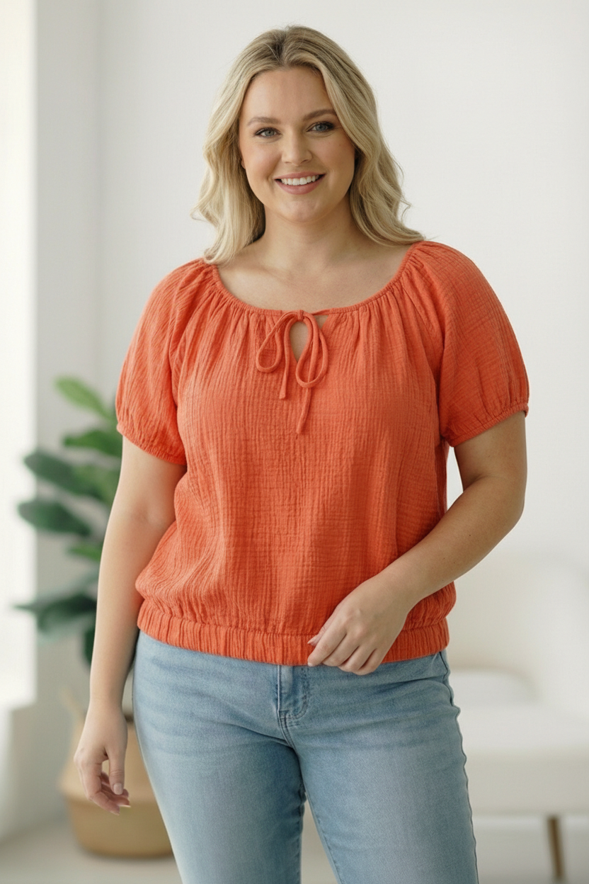 Plus Coral Crinkled Cotton Top