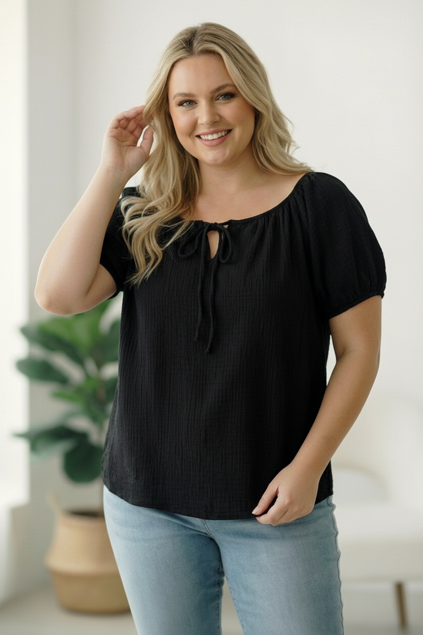 Plus Black Crinkled Cotton Top