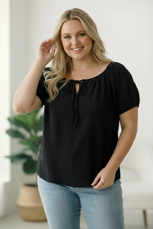 Plus Black Crinkled Cotton Top