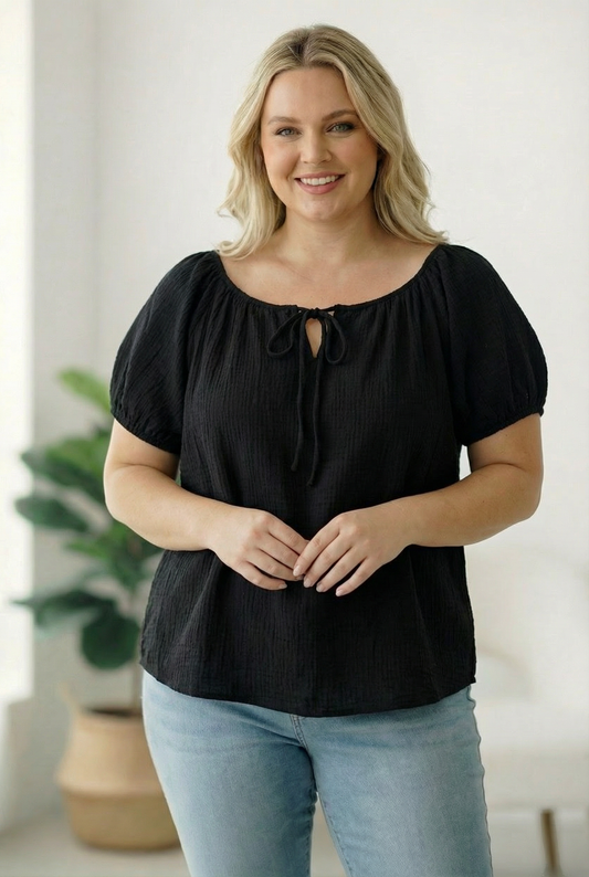 Plus Black Crinkled Cotton Top