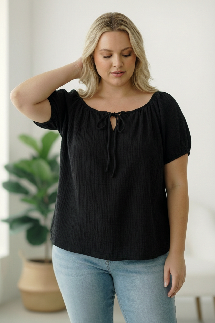 Plus Black Crinkled Cotton Top