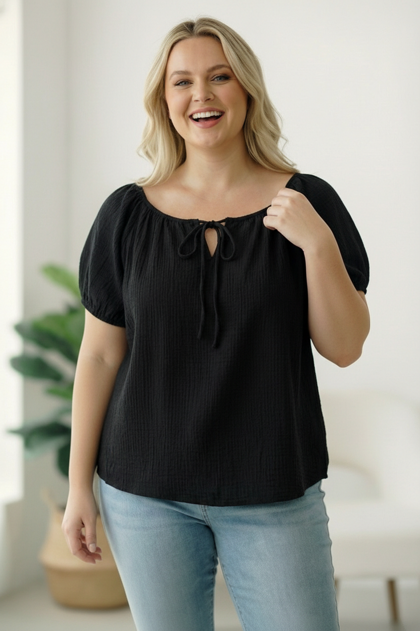 Plus Black Crinkled Cotton Top