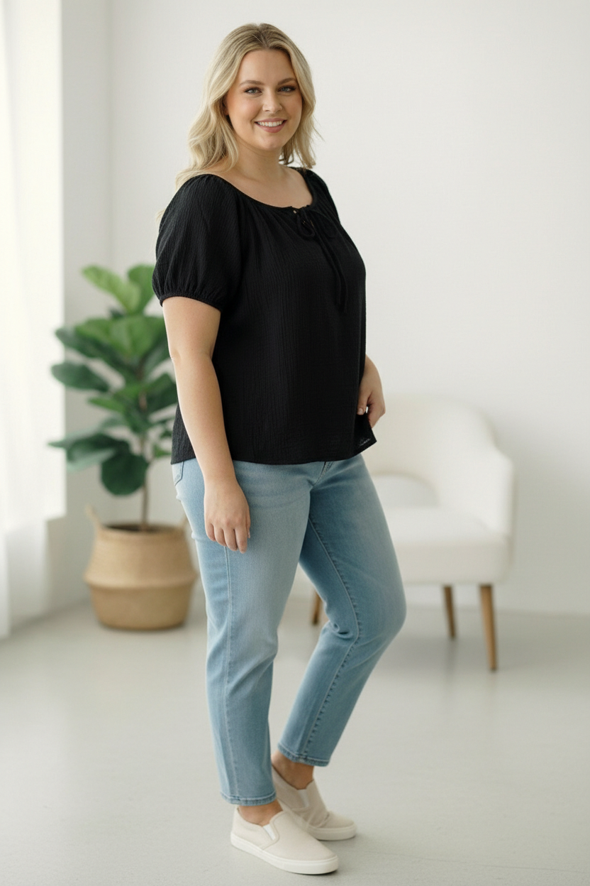 Plus Black Crinkled Cotton Top