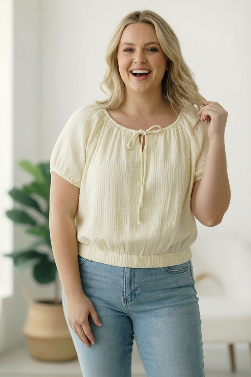 Plus Cream Crinkled Cotton Top
