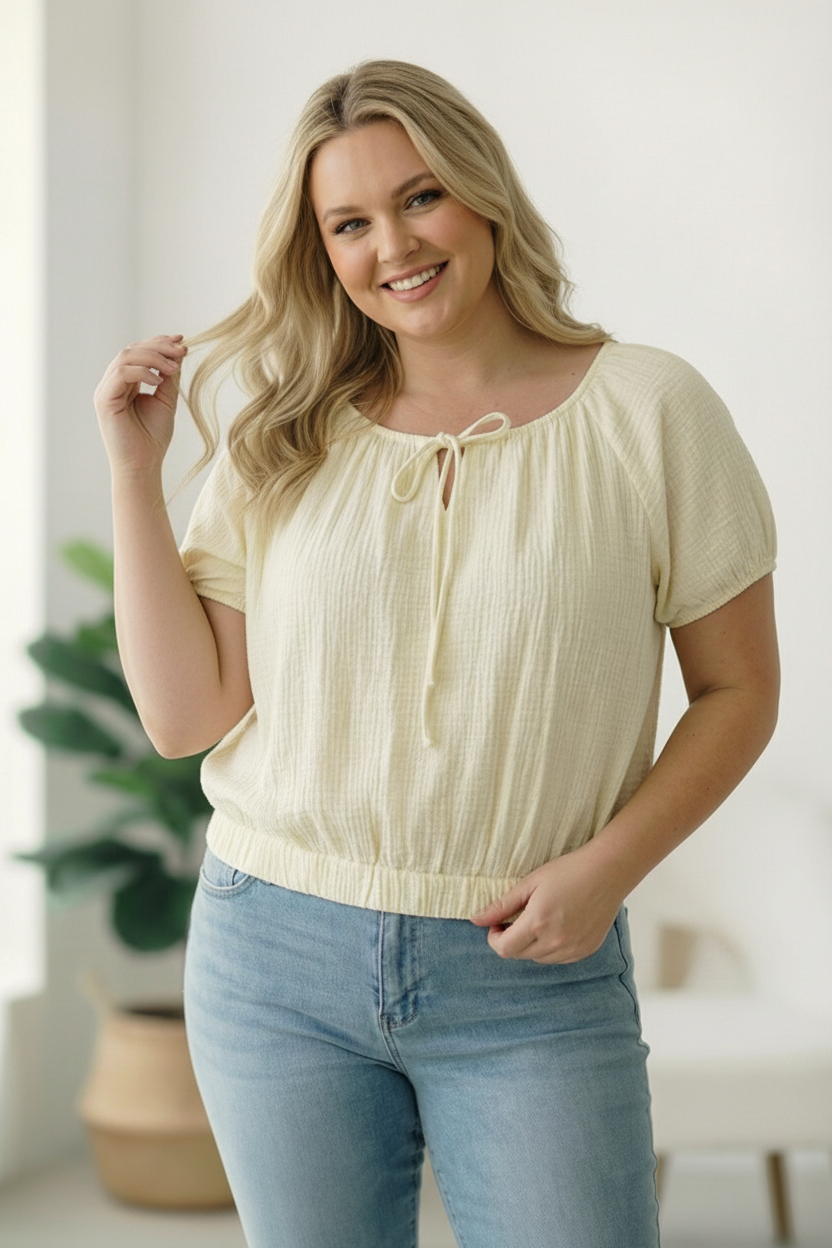 Plus Cream Crinkled Cotton Top