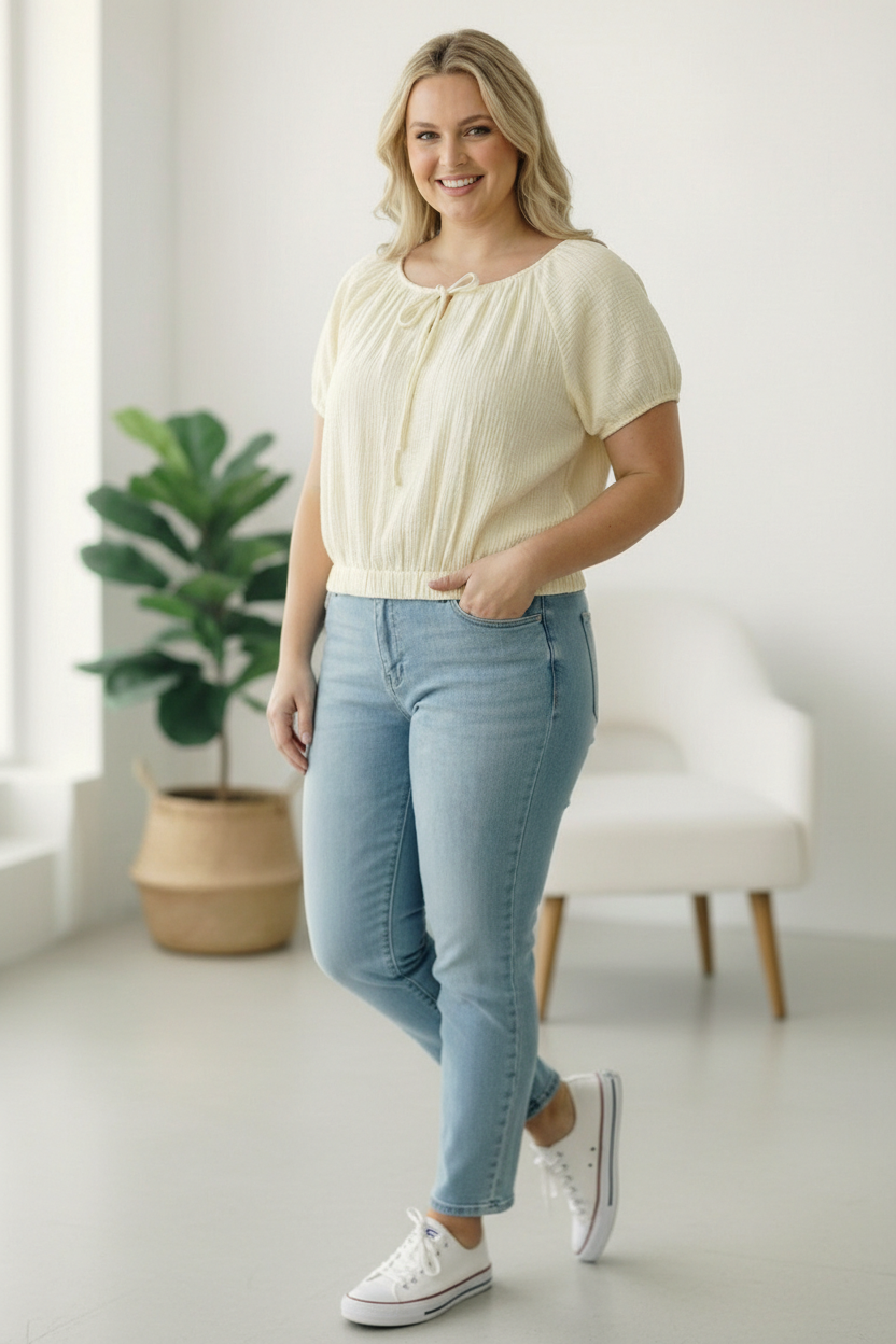 Plus Cream Crinkled Cotton Top