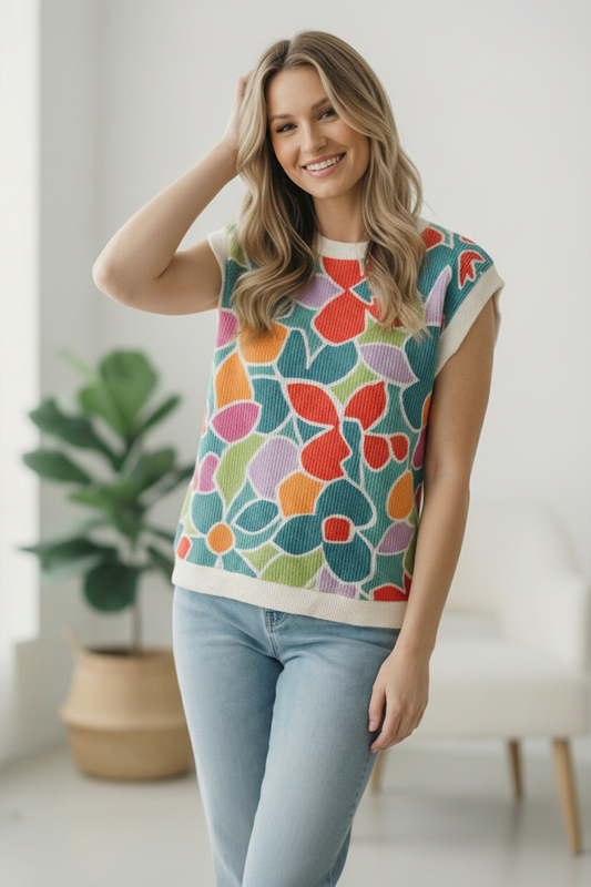 Plus Floral Multi Wavy Rib Top