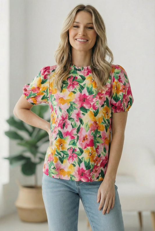 Multi Floral Frill Neck Top