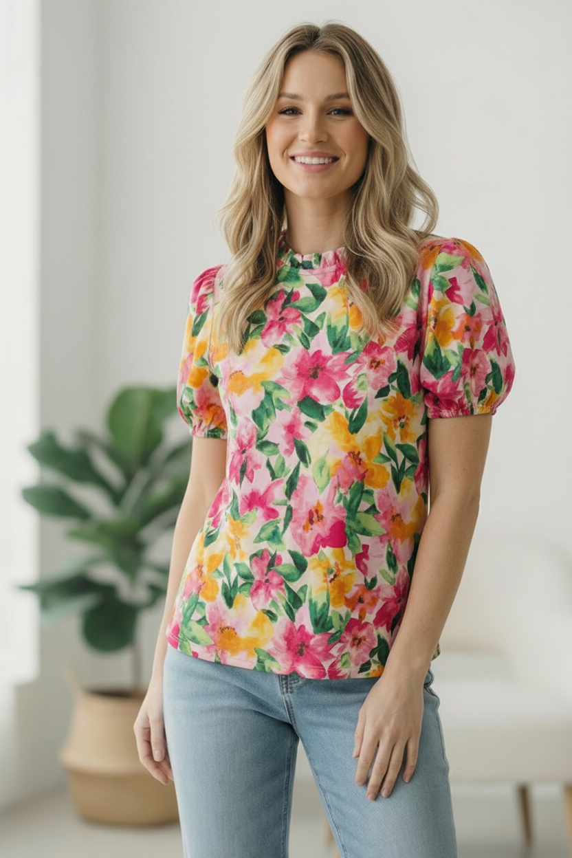 Multi Floral Frill Neck Top