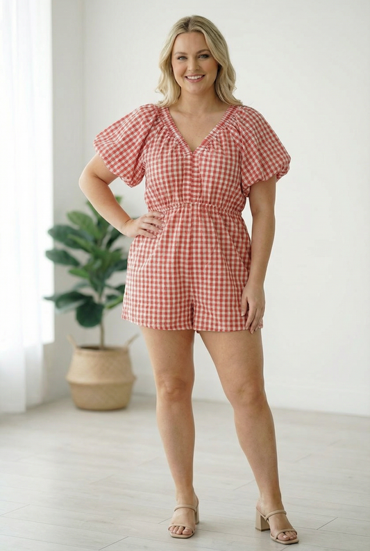 Plus Red Gingham Cotton Romper