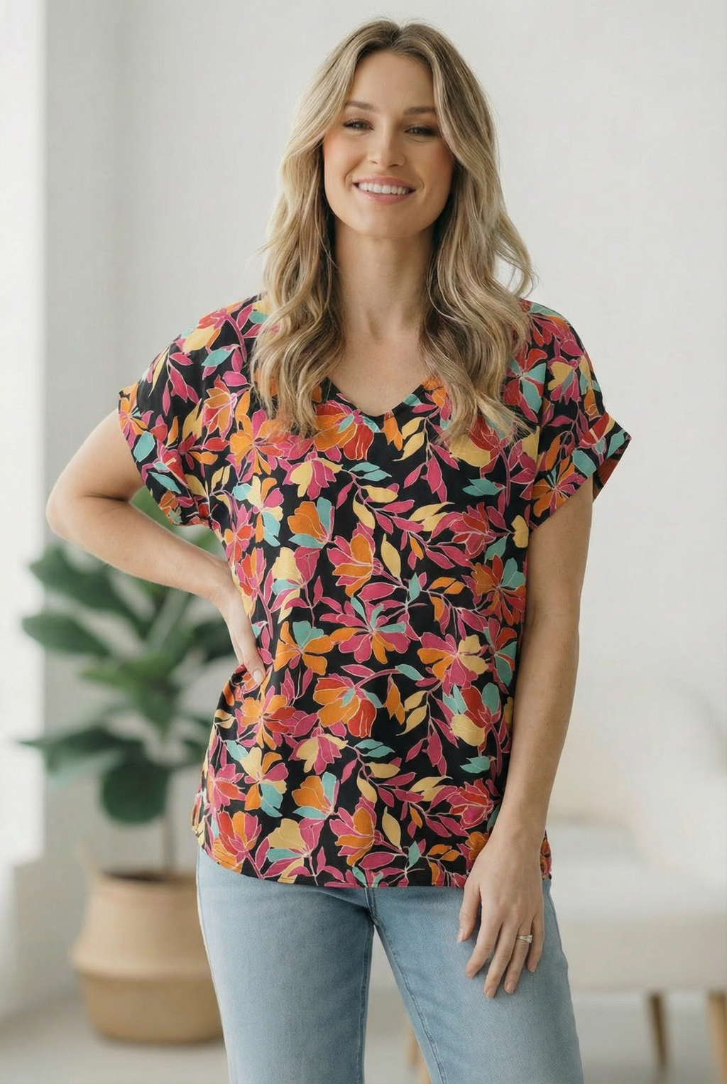 Black Floral Multi Woven Top