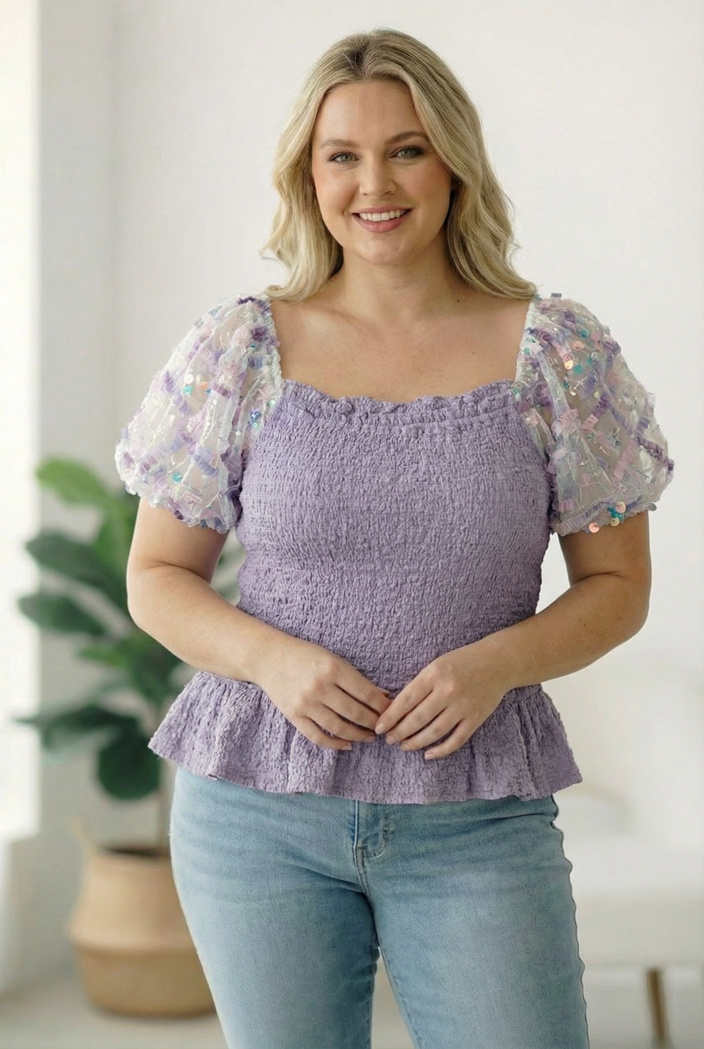 Plus Lilac Smocking Design Sequin Sleeve Top