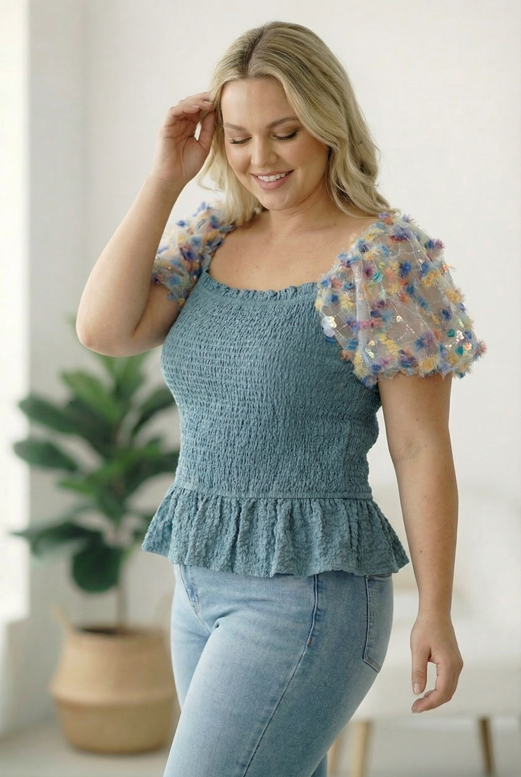 Plus Blue Smocking Design Sequin Sleeve Top