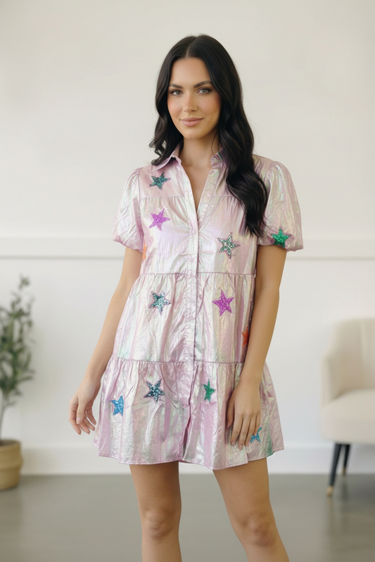 Pink Sequin Star Embroidered Button Pocket Patriotic Dress