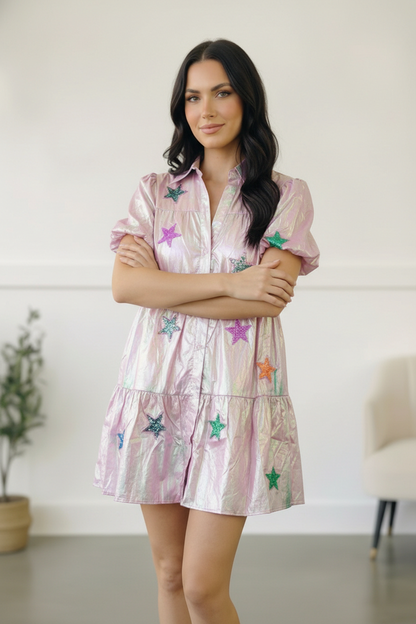 Pink Sequin Star Embroidered Button Pocket Patriotic Dress