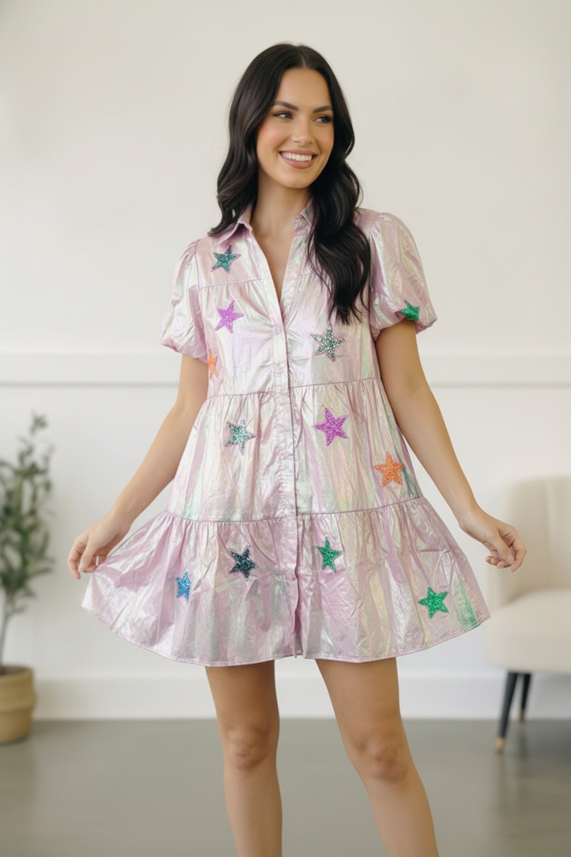 Pink Sequin Star Embroidered Button Pocket Patriotic Dress