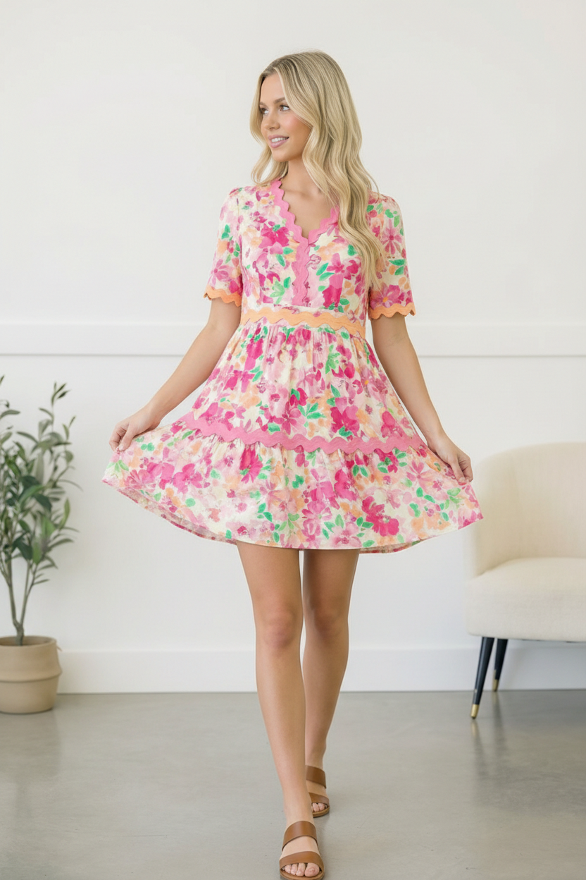 Floral Print Babydoll Dress with Side Pockets